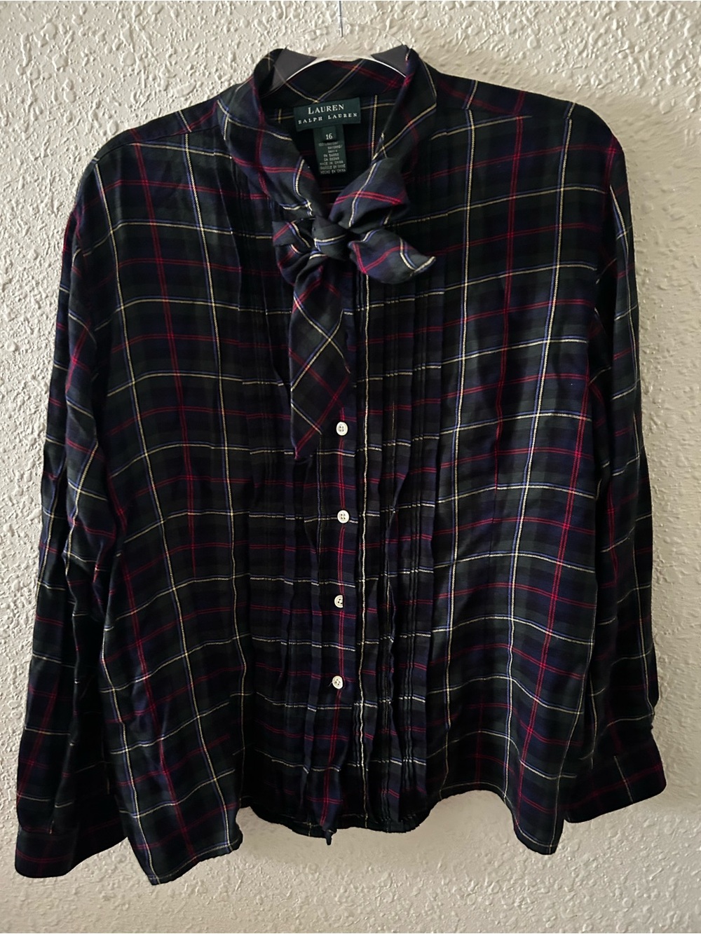 Ralph Lauren Navy Plaid Bow-Neck Blouse with Red & White Accents